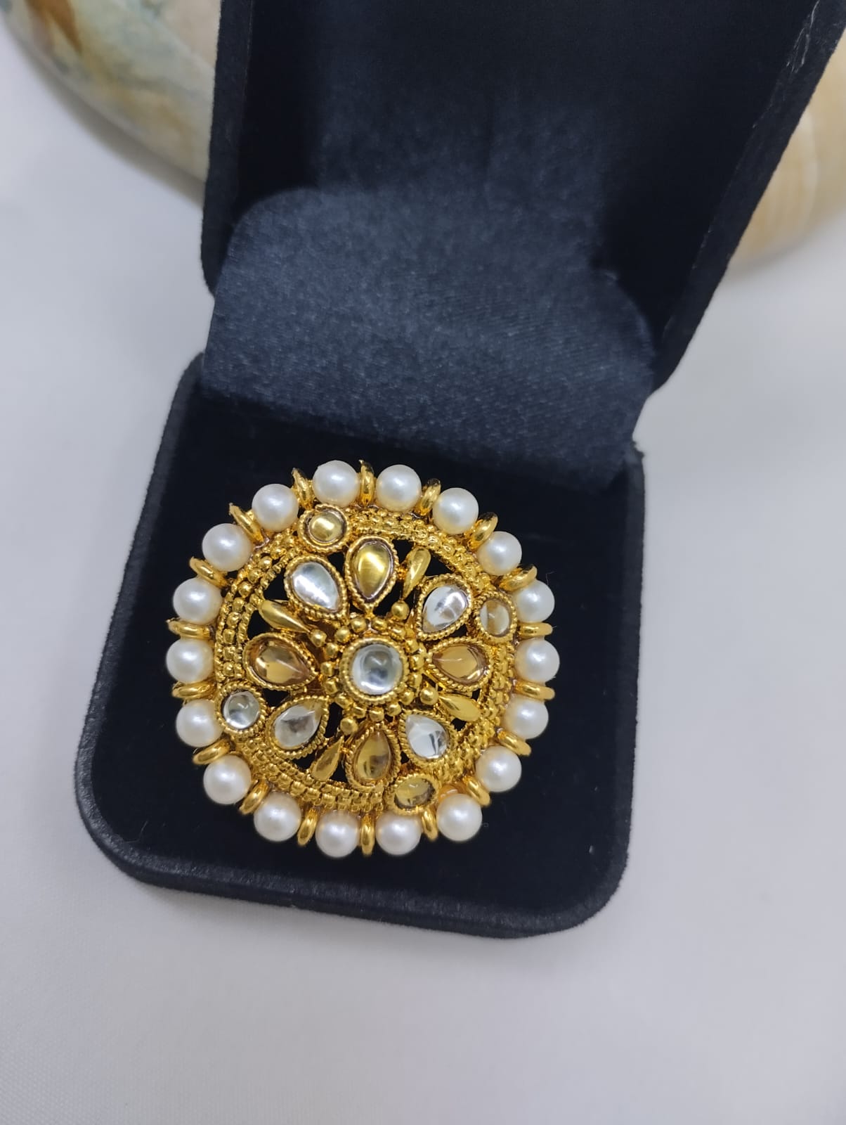Kundan pearl ring adjustable